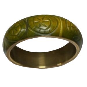 Vintage Carved Wooden and Brass Bangle Bracelet